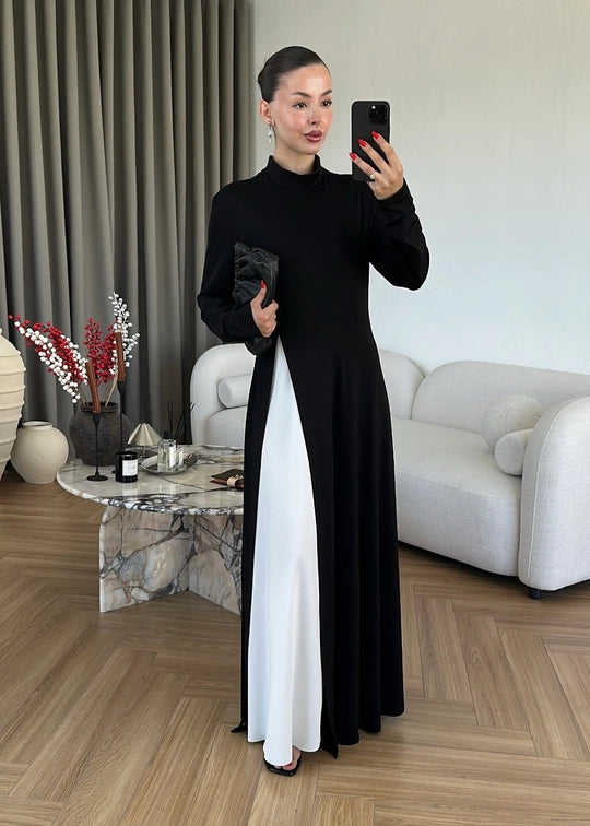 Aura Modern Çizgili Elbise SİYAH