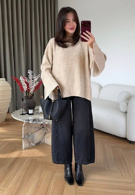Yırtmaçlı yün karışık dilvin kazak
