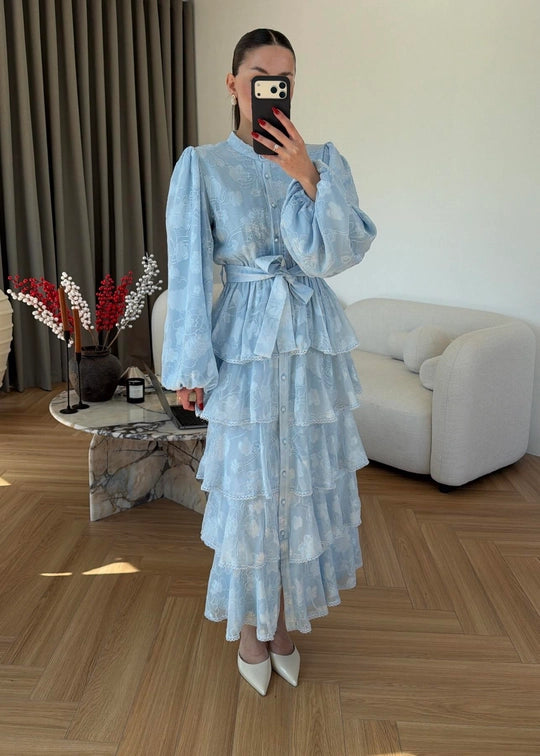 Fırfırlı Katlı Elbise BEBE MAVİ