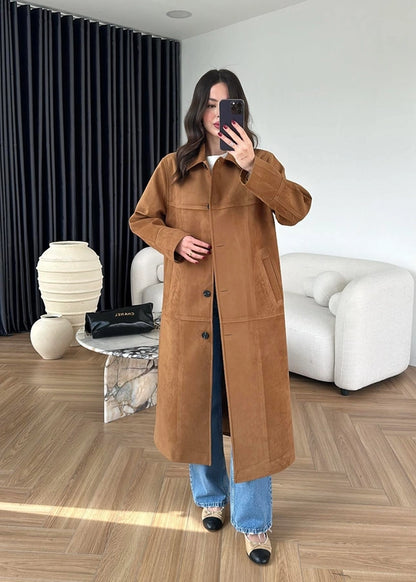Süet Uzun Trençkot TABA